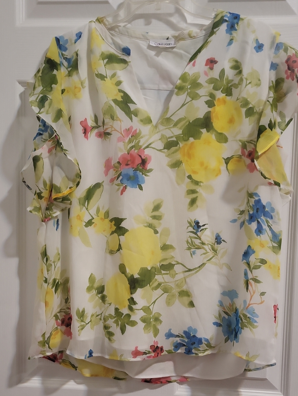 Calvin Klein Cream Floral V-Neck Blouse with Yellow & Blue Accents